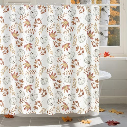 Moutina Maple Leaves Pumpkin Shower Curtain, Autumn Thanksgiving Home Decor Fall Bathtub Bathroom Curtain Set - 72x72 Inch Waterproof Polyester Fabric with Hooks - color: Fall-1