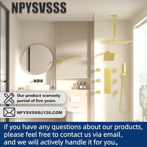 Thermostatic Shower System Dual Shower Heads with 16" Ceiling Mounted Rain Shower Head & 6" Wall Mounted Head 4 Function Shower System with body jets Can All Run Together, Brushed Gold - color: Brushed Gold, style: 16 inch +6 jets
