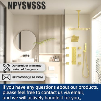Thermostatic Shower System Dual Shower Heads with 16" Ceiling Mounted Rain Shower Head & 6" Wall Mounted Head 4 Function Shower System with body jets Can All Run Together, Brushed Gold - color: Brushed Gold, style: 16 inch +6 jets