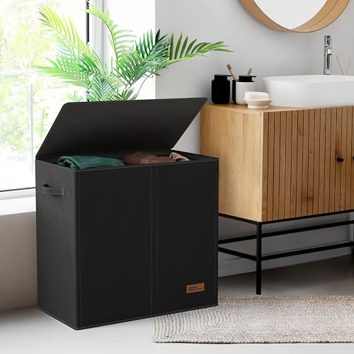 Simple Houseware Double Laundry Hamper with Lid & Removable Bags, Black | Heavy Duty 600D Polyester, Water-Resistant Surface - color: Black