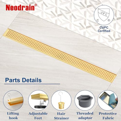 Neodrain 30" Linear Shower Drain, Gold 304 SS Bathroom Linear Drain,cUPC | Gold Shower Drain with Quadrato Grate& Adjustable Feet, Long Rectangle Shower Floor Drain in Bathroom, Balcony etc - color: Golden, size: 30 In