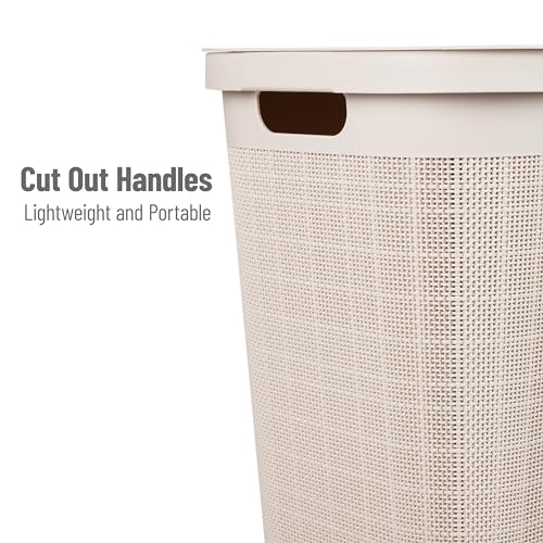Mind Reader 60L Slim Laundry Hamper, Clothes Basket, Lid, Linen Design, Plastic, Ivory - color: Ivory