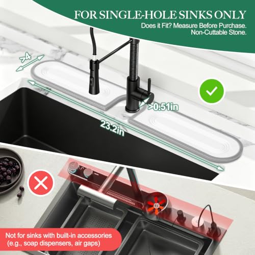 Faucet Mat for Kitchen Sink with Airflow Silicone Sleeve, Instant-Dry Diatomaceous Stone Sink Protector Tray Around Faucet for Kitchen, Bathroom, RV (White Circle, 23.2" x 3.9" x 0.47") - color: White Circle - Grey Silicone Edge