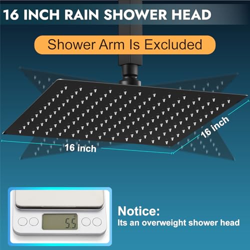 Midanya Square Rain Shower Head,High Pressure,Matte Black 16 Inch | 360°Swivel,Ceiling or Wall Mount,Waterfall Full Body Coverage,Bathroom Remodel,Stainless Steel Large Rainfall Shower Head - color: Black, size: 16 Inch