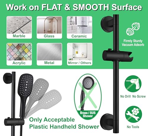 Upgrade 17.7inch Black Shower Slide Bar w/ Vacuum Suction Cup,Reusable & Removable Handheld Shower Head 360°Adjust,Hassle-Free Install for Bathroom Wall Mount,Stainless Steel,No-Drill Renter Friendly - color: Matte Black