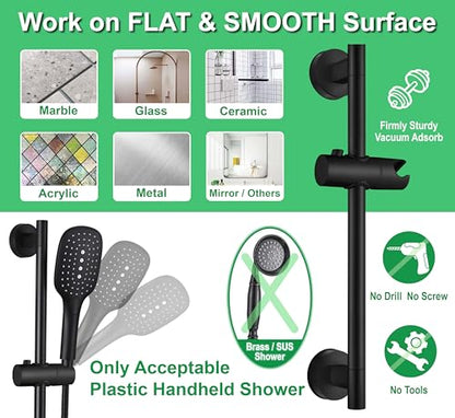 Upgrade 17.7inch Black Shower Slide Bar w/ Vacuum Suction Cup,Reusable & Removable Handheld Shower Head 360°Adjust,Hassle-Free Install for Bathroom Wall Mount,Stainless Steel,No-Drill Renter Friendly - color: Matte Black