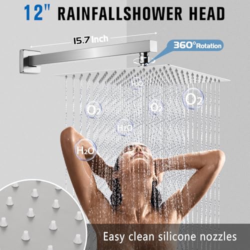 12 Inch Rainfall Shower System with Tub Spout Wall Mounted Complete Combo with Solid Brass Pressure Balancing Valve, High Pressure Shower Head, Handle Set & Installation Accessories - color: Brushed Nickel