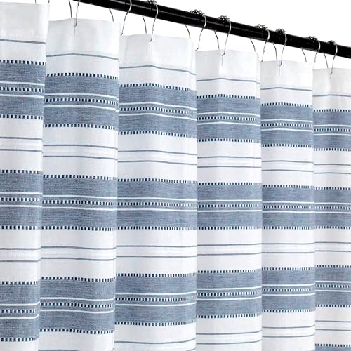 Nautical Striped Blue & White Fabric Bathroom Shower Curtain Cotton | Chambray Cotton, Luxury Hotel Detailed Eyelet Decorative Weave, 72" x 72", for Coastal Beach Modern Farmhouse Decor - color: Navy