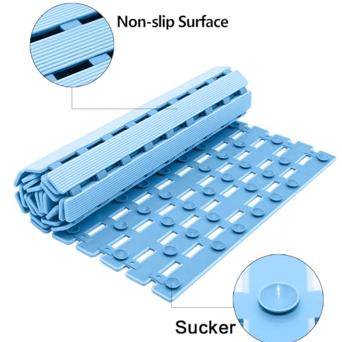 BEMISO Shower Mat Non Slip Bathtub Mat 37.4 x 15.7 Inch Bath Mat for Tub | Suction Cups,Drain Holes,Easy Dry,Easy to Cut,Eco-Friendly - color: Blue, size: 37.4 x 15.7 inches