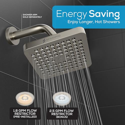 SparkPod Rain Shower Head, 8 Inch Square, Elegant Brushed Nickel Finish | High Pressure Shower Heads, 90 Nozzles, Adjustable Showerhead, No Tools Needed, Universal Connection - color: Elegant Brushed Nickel, style: 8 Inch Square