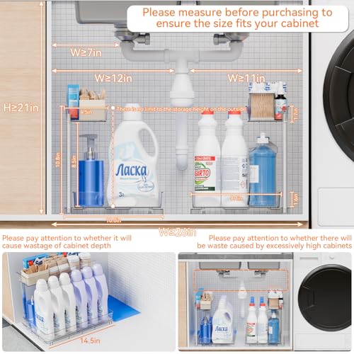 2 Pack 14.6″ Deep Pull Out Under Sink Organizer,10.8″ High 2 Tier Slide Out Cabinet Organizer for Kitchen Cabinet,Undersink Organizers,Under Sink Shelves,Bathroom Organizers and Storage,Clear - size: 10.8 In High