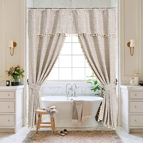Boho Farmhouse Classic Plaid Double Swag Tassel Shower Curtain Tan,72x72 | 310GSM Linen Blend Heavy Duty Cloth,Double Swag Design,3-side Tassels,Wrinkle Resistant,Rustic Bohemian,Water Repellent - color: Tan Brown, size: 71"W x 71"L (Pack of 1)