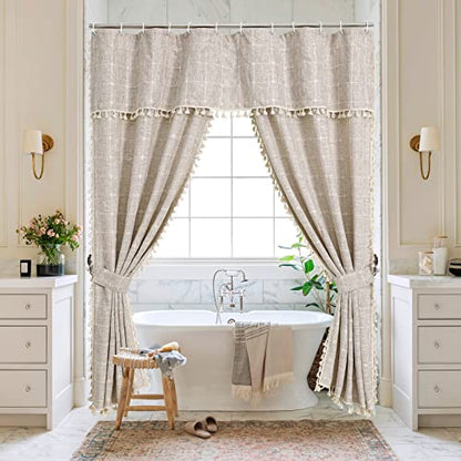 Boho Farmhouse Classic Plaid Double Swag Tassel Shower Curtain Tan,72x72 | 310GSM Linen Blend Heavy Duty Cloth,Double Swag Design,3-side Tassels,Wrinkle Resistant,Rustic Bohemian,Water Repellent - color: Tan Brown, size: 71"W x 71"L (Pack of 1)