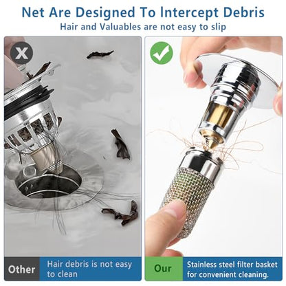 2pcs Bathroom Sink Drain Strainer Pop Up Sink Drain Stopper with Removable Stainless Steel Filter Basket, for US Universal Bathroom Kitchen Basin Sink Stopper Bathroom Sink Stopper