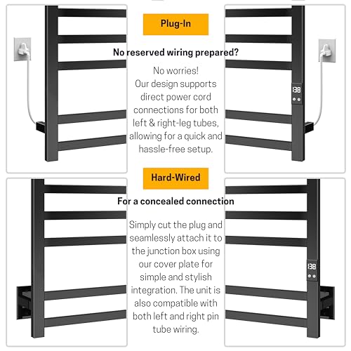 Heated Towel Rack, 8-Bar Wall Mount, Matte Black Stainless Steel | 304 stainless steel, 115-155°F adjustable, 1-24H auto shut-off timer, plug-in or hardwired, 160W, fits bath towels and robes - color: Matte Black