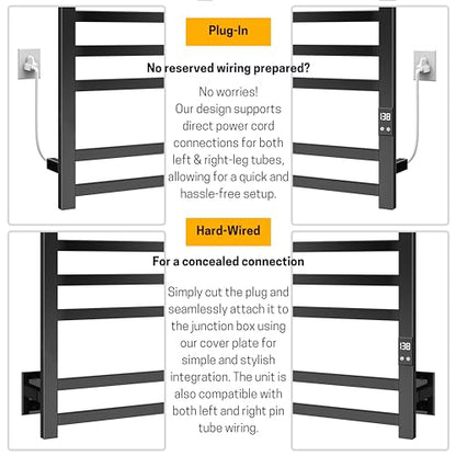 Heated Towel Rack, 8-Bar Wall Mount, Matte Black Stainless Steel | 304 stainless steel, 115-155°F adjustable, 1-24H auto shut-off timer, plug-in or hardwired, 160W, fits bath towels and robes - color: Matte Black