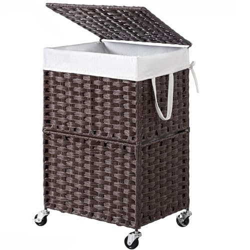Chrislley Wicker Laundry Basket with Wheels,Rolling Laundry Hamper with Lid | 90L Slim Clothes Hamper with Wheels & Removable Liner Bag, Handwoven Rattan Laundry Organizer for Bedroom, Bathroom, Brown - color: Brown