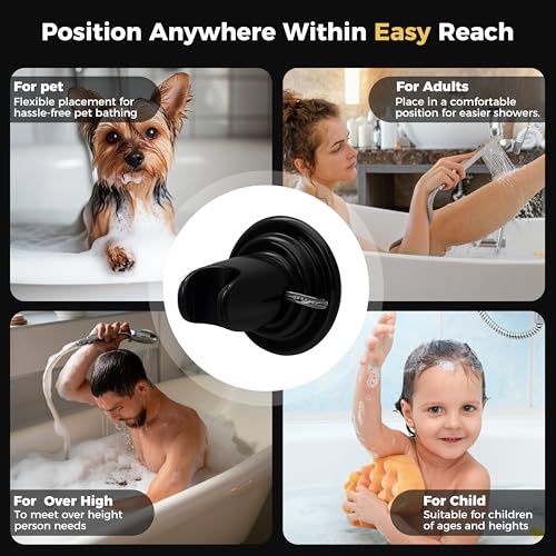 HOME&I Suction Cup Shower Head Holder for Handheld Shower–Includes 3M Adhesive Disc, No Drill, 3-Inch Vacuum Suction, Removable & Repositionable Vertical Wall Mount,Waterproof ABS,Universal 22mm Slot - color: Black