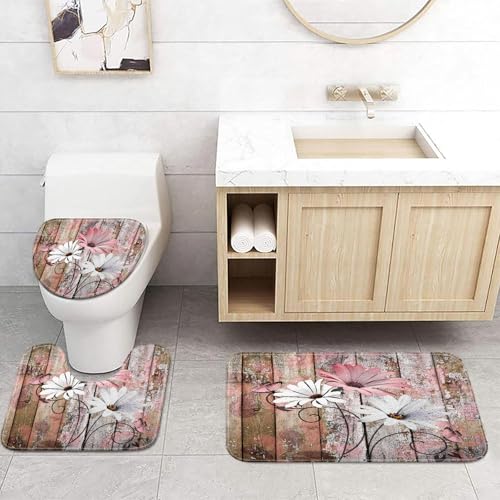 JAWO Farmhouse Floral Flower Bath Mat, Daisy on Rustic Wooden Plank Country Barn Wood Pink Flower Bath Mat Sets, U-Shaped for Bathroom Rugs, Toilet Mats, Non-Slip Shower Mat - color: Pink-01, size: 1'3" x 1'6" (U-Shaped)