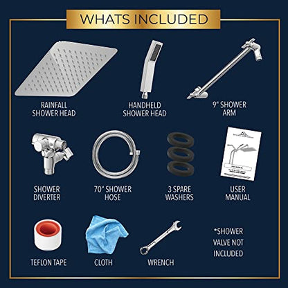 All Metal Shower Head 10" Dual Square Shower Head With Handheld Wand 71in Hose Set, High Pressure Rain Shower Heads Combo, 3-Way Diverter Rainfall Showerhead with Adjustable Extension Arm - color: Deluxe Chrome, size: 10 Inches, 2.5 GPM