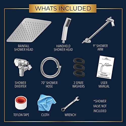 All Metal Shower Head 8" Dual Square Shower Head With Handheld Wand 71in Hose Set, High Pressure Rain Shower Heads Combo, 3-Way Diverter Rainfall Showerhead with Adjustable Extension Arm - color: Deluxe Chrome, size: 8 Inches, 2.5 GPM