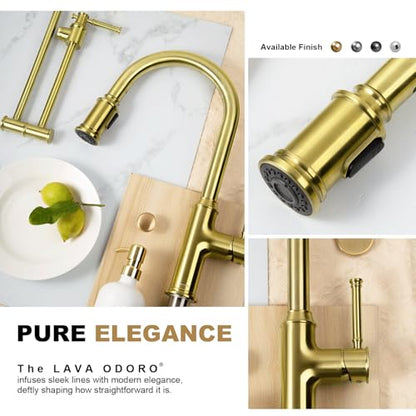 Lava Odoro Brushed Gold Kitchen Faucet with Pull Down Sprayer | Single Handle Kitchen Sink Faucet with 3-Function Sprayer, Deck Plate Included, 1.8GPM, KF421-SG - color: Brushed Gold, style: Standard