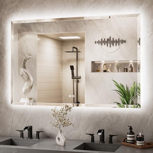 55 x 36 Backlit Bathroom Mirror, Frameless LED Mirror for Bathroom, Tempered Glass, 3 Colors Lights, Defogging, Adjustable Brightness, Smart Bathroom Mirror, Lighted Mirrors for Bathroom Wall - size: 36"L x 55"W