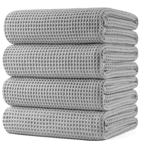 POLYTE 430 GSM Poly Blend Microfiber Quick Dry Waffle Bath Towel, 30x60 in | 4 Pack, Oversize, Lint Free, Body Towel - color: Light Gray