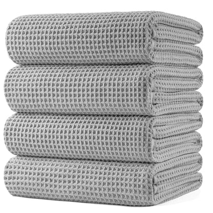 POLYTE 430 GSM Poly Blend Microfiber Quick Dry Waffle Bath Towel, 30x60 in | 4 Pack, Oversize, Lint Free, Body Towel - color: Light Gray