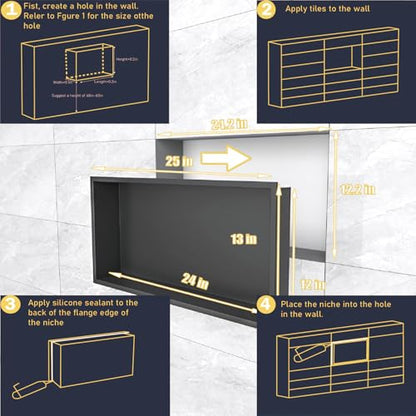 Shower Niche 24"x12"，No Tile Needed，Stainless Steel Niche Bathroom for Shower Wall，Matte Black （ 24 x 12 in） - color: Black, size: 12 * 24 in