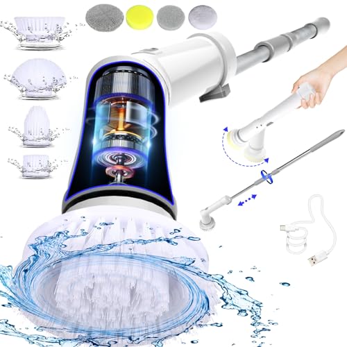 UBeesize Electric Spin Scrubber,Long Cordless Cleaning Brush,Rotatable Shower Scrubber with 8 Replaceable Heads,Adjustable Detachable Handle Bathroom Scrubber for Bathtub,Tile,Floor and Car Cleaning