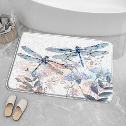2 Pcs Dragonfly Bath Mat Abstract Flowers Leaves Nature Animals Botanical Memory Foam Soft Doormat Kitchen Bathroom Mat/Rugs, 18x30 Inch and 16x48 Inch - size: 18x30 Inch+16x48 Inch(45x75CM+40x120CM)