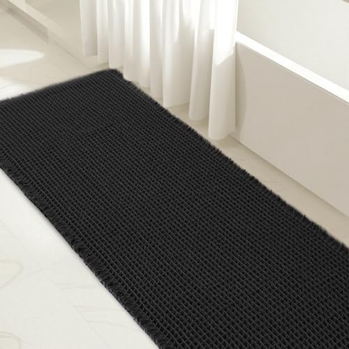 SUBRTEX Waffle Braided Bath Mat, 24" x 55" Soft Waffle Bath Rugs, Absorbent Non Slip Bathrooom Mats, Machine Washable Area Rug for Bathroom, Quick Dry, Black - color: Black Waffle, size: 24" x 55" (Runner)