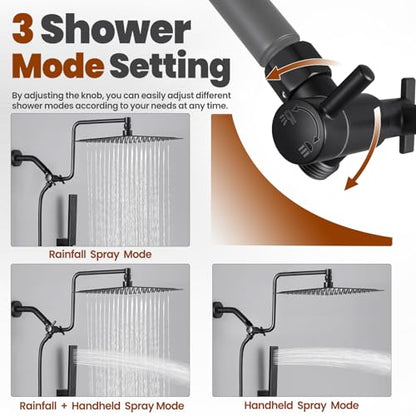 10" Metal Rain Shower Head with Handheld Spray Combo, 3 Settings Shower Diverter, Stainless Steel Handheld Shower Wand, Adjustable Extension Arm, 71 Inches Extra Long Hose - Matte Black