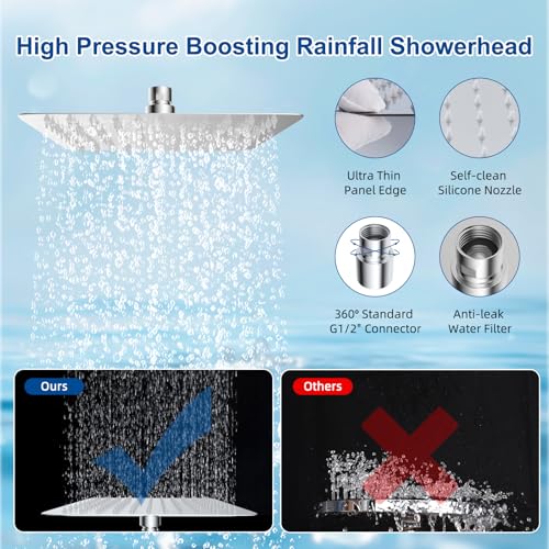 Metal 12" Rain Showerhead with 10-Spray Handheld, Easy Reach 4-way Diverter | NSF/ANSI/CAN 372 Certified, Chrome, High Pressure Shower Head with Pause Mode, 71" Stainless Steel Hose/12" Extension Arm - color: Chrome, style: Square 12"