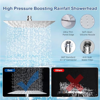 Metal 12" Rain Showerhead with 10-Spray Handheld, Easy Reach 4-way Diverter | NSF/ANSI/CAN 372 Certified, Chrome, High Pressure Shower Head with Pause Mode, 71" Stainless Steel Hose/12" Extension Arm - color: Chrome, style: Square 12"