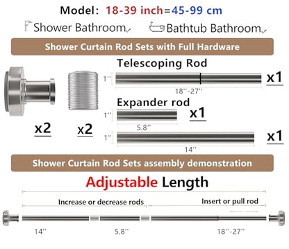Brushed Nickel Tension Shower Curtain Rod – Adjustable 18-39 Inches, Fits 20-38 Inch Spaces, No Drill Rust Resistant Spring Rod for Bathroom, Kitchen, Bedroom, Balcony - color: Brushed Nickel, size: 18-39 inch without hooks