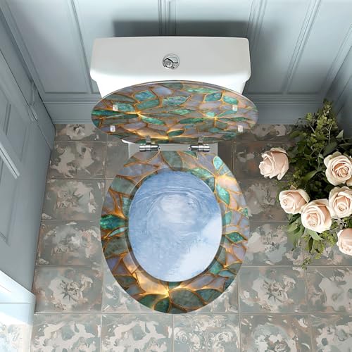 Round Resin Toilet Seat, Quietly Close Quick Release Hinges Cover | Toilet Lid Cover Easy to Clean and Install, Fine Mosaic Iridescent Leaves Shimmering Elegant Heavy Duty Toilet Seat - color: pattern10, size: O-shape