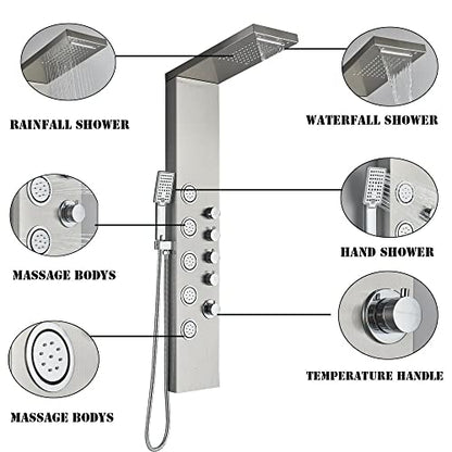 Stainless Steel Shower Panel Tower System Rain Massage Body Jets Hand Shower