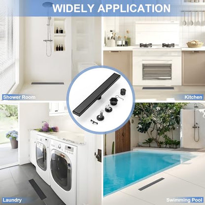24 Inch Linear Shower Drain-Matte Black, with Tile Insert Grate | AISI 304 Stainless Steel Shower Drain, Rectangle Shower Floor Drain with Leveling Feet, Fits Bathroom & Balcony etc - color: Matte Black, size: 24 Inch