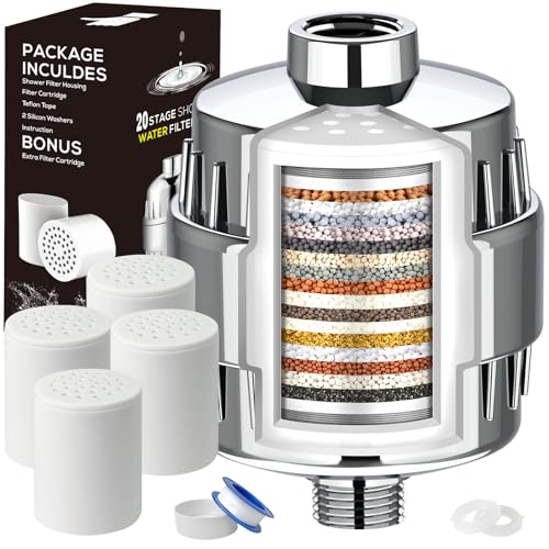 20 Stage Shower Head Filter for Hard Water with 4 Cartridges Replacements | High Output, Remove Chlorine, Fluoride and Other Impurities, Improves Skin Condition, Protects Hair - color: Chrome, style: Shower Filter with 4 Cartridges