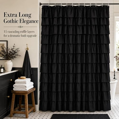 Black Gothic Shower Curtain for Bathroom, Extra-Long 72 x 84 inch, Ruffle | Cascading Layered Ruffles, 72x84, 8ft, 12 Plastic Hooks Included, Machine Washable, Soft Brushed Microfiber Fabric - color: Black, size: 72"W x 84"L (Pack of 1)