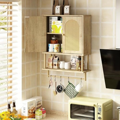 RUSTOWN Rattan Bathroom Wall Cabinet, Modern Boho Medicine Cabinets, Medium | 2 Arched Rattan Doors, Adjustable Shelf, Towel Bar Rack, Over The Toilet Storage Cabinet for Bathroom, Living Room, Kitchen - size: Medium