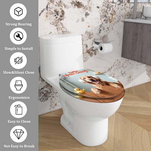 Elongated Resin Toilet Seat, Quietly Close Quick Release Hinges Cover | Toilet Lid Cover Easy to Clean and Install, Funny Dog Animal Hilarious Rustic Farmhouse Country Wooden Heavy Duty Toilet Seat - color: pattern4, size: V-shape