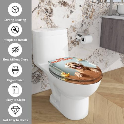 Elongated Resin Toilet Seat, Quietly Close Quick Release Hinges Cover | Toilet Lid Cover Easy to Clean and Install, Funny Dog Animal Hilarious Rustic Farmhouse Country Wooden Heavy Duty Toilet Seat - color: pattern4, size: V-shape