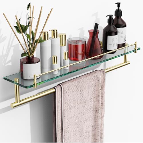 24-Inch Towel Rack with Shelf -Tempered Glass Bathroom Shelf with Towel Bar - Brushed Gold Modern Stainless Steel, Wall Mount Rustproof Tower Holder - color: Brushed Gold, size: 24-inch with Railing