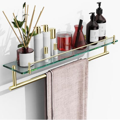 24-Inch Towel Rack with Shelf -Tempered Glass Bathroom Shelf with Towel Bar - Brushed Gold Modern Stainless Steel, Wall Mount Rustproof Tower Holder - color: Brushed Gold, size: 24-inch with Railing
