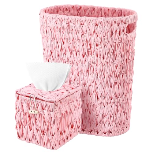 BSSN Wicker Trash Can and Square Tissue Box Cover, 4 Gallon Water Hyacinth Bathroom Trash Can, Handwoven Napkin Holder, Narrow Small Waste Basket, Rustic Decorative Home Set for Bedroom,Office (Pink) - color: Pink