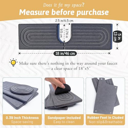 18 Inch Faucet Mat for Kitchen Island Sink, Wider Instant Dry Sink Protector for Countertop, Stone Sink Caddy Diatomaceous Earth Stone Drying Tray Around Faucet for Kitchen Bathroom RVs, Dark Grey - size: 18" x 5"