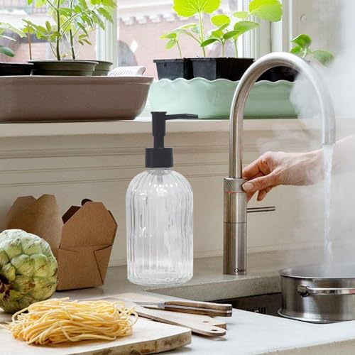 YYTSGG Clear Glass Soap Dispenser with Pump, 2 Pack 13.5oz, Vertical Stripe | Bathroom Soap Dispenser for Hand Wash and Dish Wash, Elegant Refillable Hand Dispenser for Dishwashing Liquid, Lotion - color: Clear